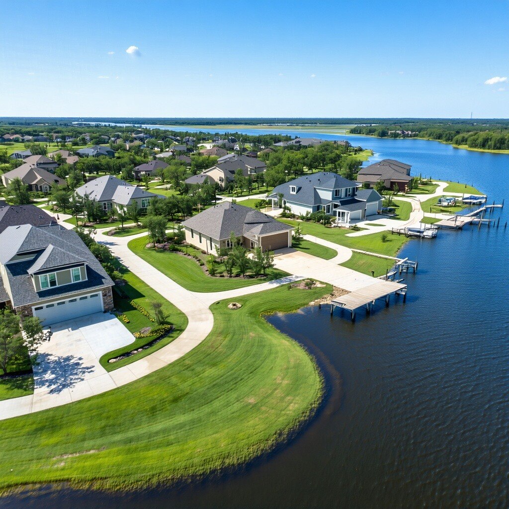 houses in Clear Lake Texas near the water modern neighborhood several houses visible from a drone view
